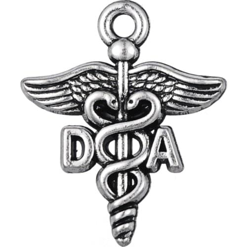 RAINXTAR Antique Silver Color Alloy DA Medical Charms Profession Caduceus Charm 50pcs 18*22mm AAC1538