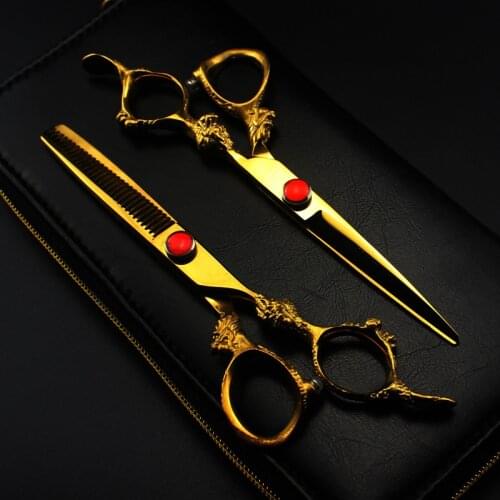 Professional Japan 440c 6 '' gold dragon hair cutting scissors haircut thinning barber haircutting shears Hairdresser scissors