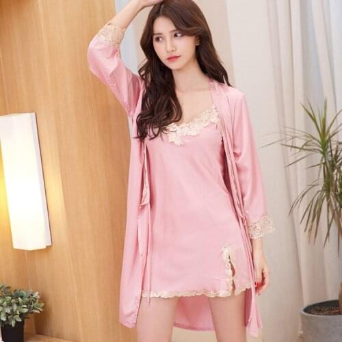 Pink Lace Trim Nighty Set Ladies Robe Gown Sexy V-Neck Mini Nightgown Fashion Front Split Sleepwear Casual Faux Silk Bathrobe