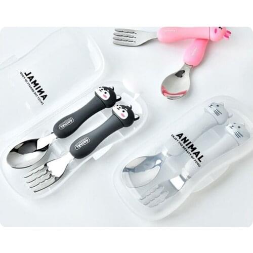 2 Pcs Stainless Steel Cute Cartoon Spoon Fork Set Baby Tableware Training Learning Feeding Scoop Fork