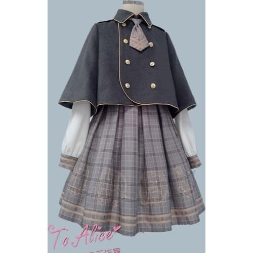 Vintage British Preppy Style Lolita Dress Detective Bear Cosplay Party Dresses Long Sleeve Plaid Checks Dresses + Woolen Cloak