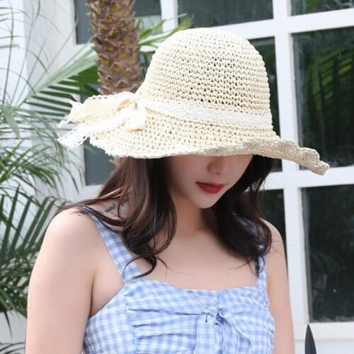 Women Crochet Knit Straw Foldable Lace Ribbon Hat Sunscreen Beach Cap Sunhat Bucket Cap Female Summer Hat Straw Beach Hat