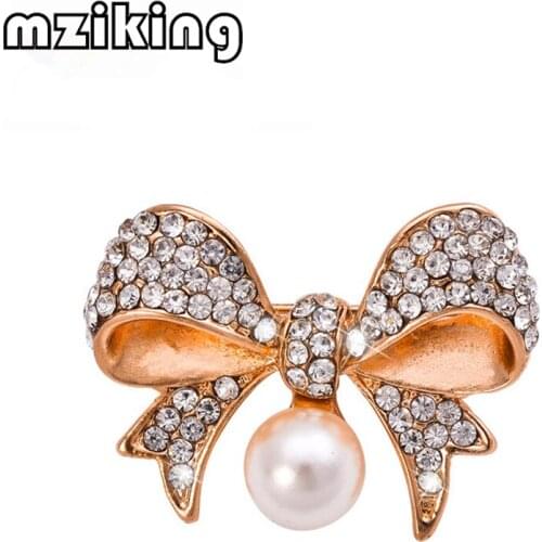 Mziking Rhinestone Bow Brooches for Women Bowknot Brooch Pin Pearl Pendant Brooch Large Wedding Fashion Jewelry Accessories