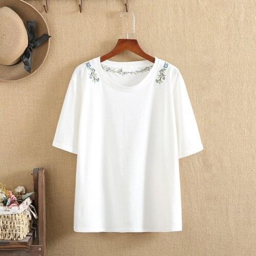 Plus Size T-Shirt For Women 0-Neck Shoulder Flower Pattern Embroidered Knitted Cotton Stretch Short Sleeves Fatwomen Summer Tops