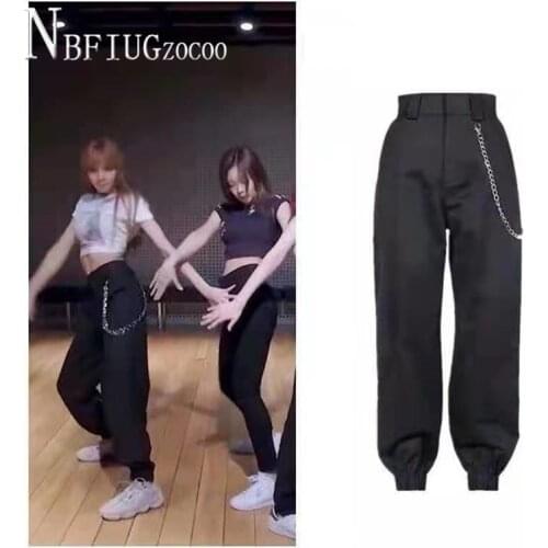 Lisa Same Style Practice Room Women Pants Hip Hop Chain Casual Dance Female Cargo Trousers