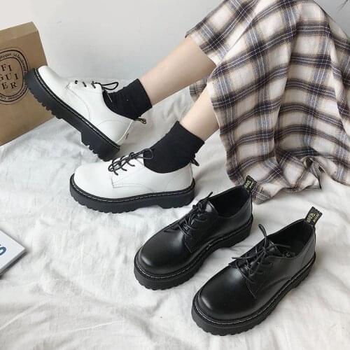 Spring Autumn Women Oxford white Shoes Platform Casual Shoes Black Lace Up Leather Shoes Sewing Round Toe zapatos mujer 2021