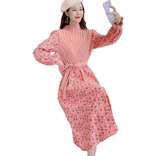 2021 Autumn Winter Print Knitted Female A-line Soft Dresses Elegant Turtleneck Women Splicing Thicken Sweater Dress