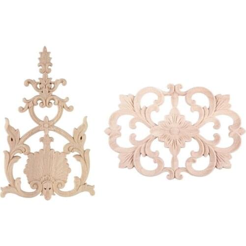 2Pcs Rubber Wood Carved Onlay Applique Unpainted Furniture for Home Door Cabinet Decoration - 23.5 x 15Cm & 22X14Cm