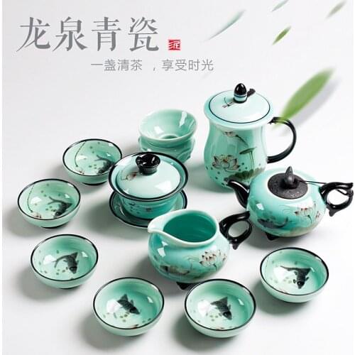 2018 Longquan celadon hand-painted cup teapot set home ceramic kung fu tea set gift box set