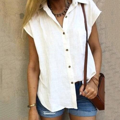 2020 new fashion Women Casual Solid Color Turn Down Collar Short Sleeve Button Pocket Shirt Top