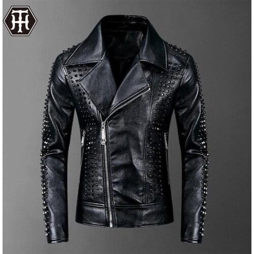 2021 Euro Chao Mens PU Leather Coat Rivet Youth Collar Locomotive Leather Coat