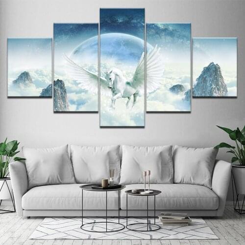 5 Pieces Canvas Wall Art Painting Animal Poster White Pegasus Modular For Living Room Home Decoration Framework Pictures