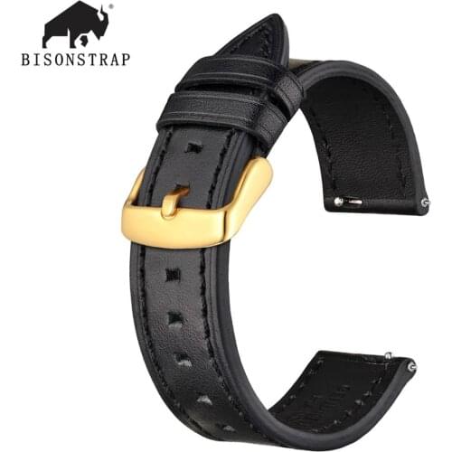 BISONSTRAP Genuine Leather Watch Bracelet for Men Women Watch 18mm 20mm 22mm Quick Release Watcheband Strap Gold Buckle