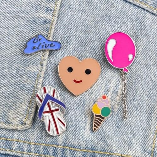 Cute Cartoon Brooches Women Enamel Pins Slipper Balloon Ice Cream Icon Bag Hat Jackets Shirt Lapel Pin Men Badge Fashion Jewelry