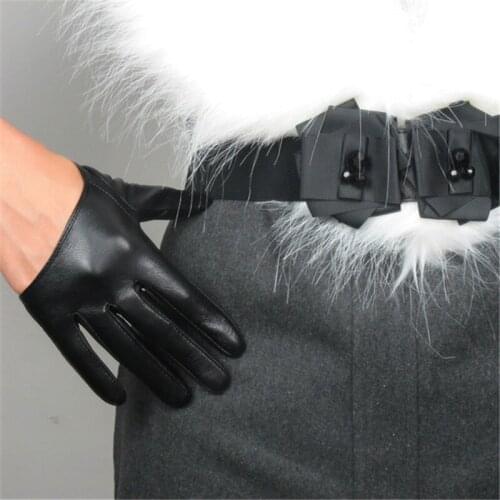 Genuine Leather Pure Sheepskin Half Palm Fashion Black European Version Cut With Lined Elegant Womens Gloves TB75