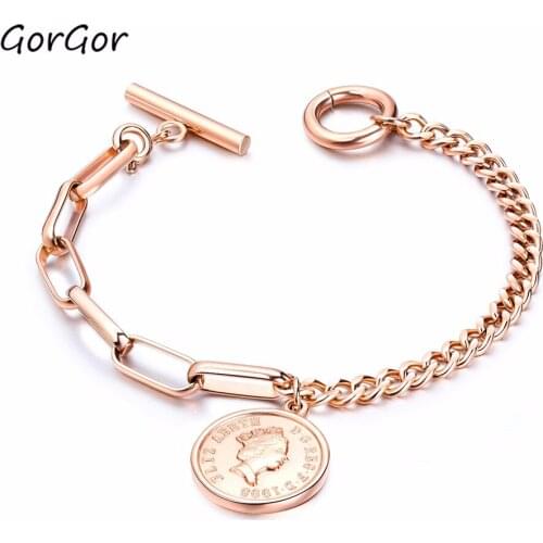 GorGor Exquise Simple Elegant Style Portrait Round Titanium Steel Rose Gold Elizabeth Coin Womens Bracelet Jewelry 986