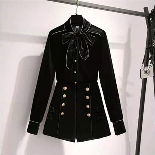 JSXDHK 2020 New Autumn Women Shorts Two Piece Set Elegant Bow Neck Velvet Shirt + High Waist Double-breasted Shorts Pants Suits