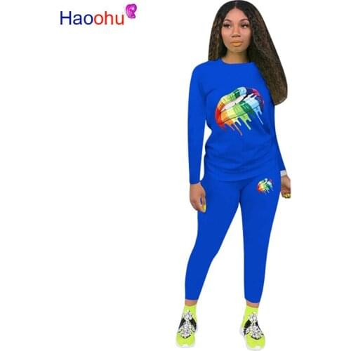 HAOOHU Multicolor Lips Print Fashion Sportswear Casual Women 2 Piece Suit Long Sleeve O Neck Top And Slim Skinny Lady Long Pants