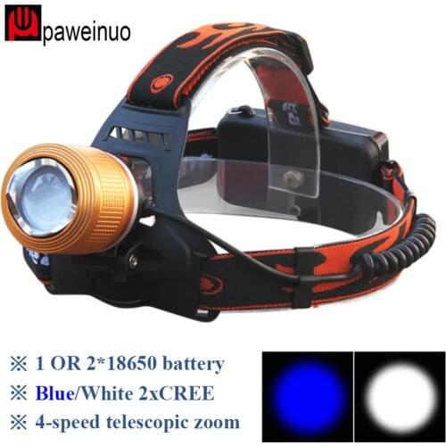 Zoomable Led Headlight LED Headlamp 2x Cree q5 LED Bulbs White and Blue fishing light Rechargeable Lantern 18650 Head Lamp light