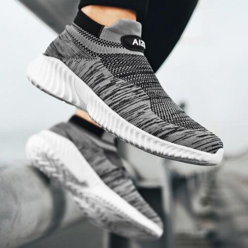 High-top Slip on Sport Shoes Men Brands Sport Man Sneakers Socks Mens Running Shoes Gray Knitted Tennis Male Athletic Walk B-729