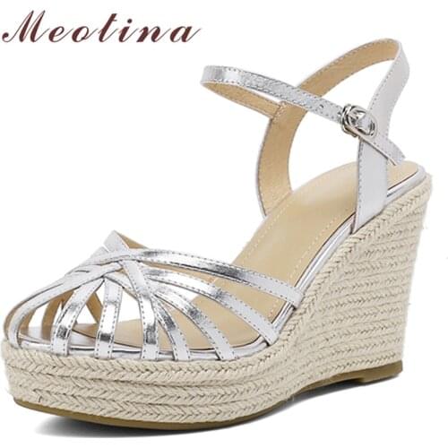 Meotina Shoes Women Genuine Leather Sandals Wedges Super High Heel Sandals Espadrille Round Toe Ladies Footwear Summer Sliver
