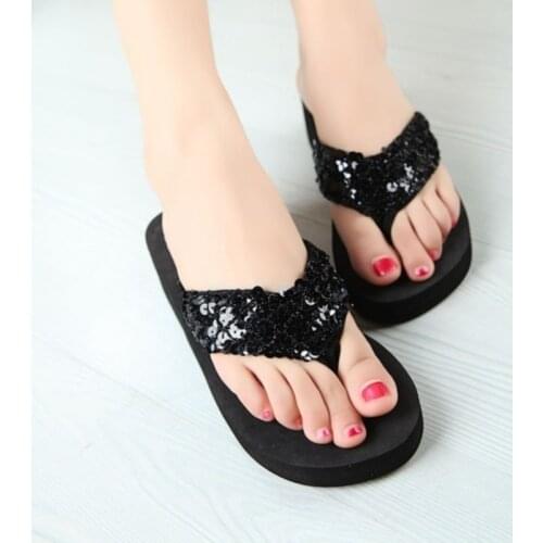 New Ladies Womens Girls Sequin Flatform Wedge Flip Flops Shoes Beach Sandals Comfortable black
