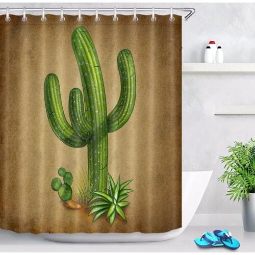 Tropical Green Cactus Mexican Symbol Bathroom Shower Curtain Waterproof Polyester & 12 Hooks Bath Curtains Accessory Set