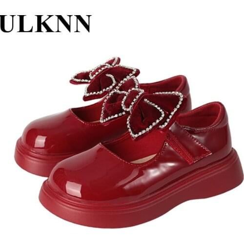 Girls Red Bow Red Leather Shoes Princess Mary Jane Shoes New 2021 Children Red Bow Little Kids Nude Shoes