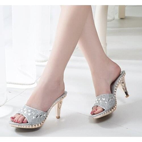 Spike Heels Women Pumps Sexy High Heels Women Crystal Party Women Shoes Gold Open Toe Ladies Shoes