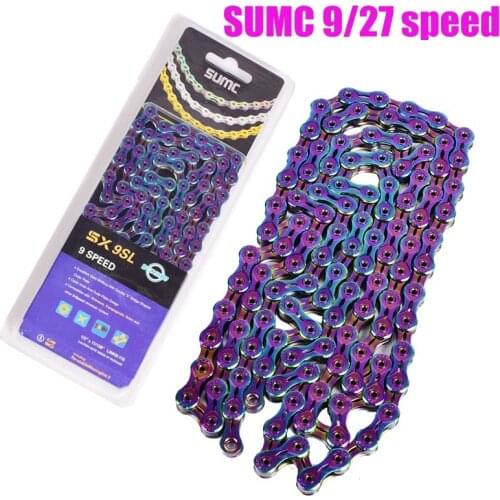 SUMC Bicycle chain 9 speed mountain bike chain X9 Bike Chain X9EL 27S Gold for MTB/Road Bike for M4050 M430 M596 116L rainbow