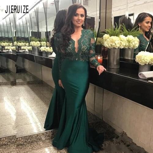 JIERUIZE Vintage Lace Evening Dresses Sheer O Neck Long Sleeves Dark Green Mermaid Prom Gowns Formal Dresses robe de soiree