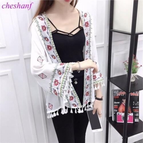 Cheshanf Ethnic Boho Kimono Cardigan Vintage Floral Embroidery Cardigan Girl Beige Black White Cardigans Women Summer