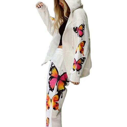 2021 Autumn and Winter Butterfly Print Long Sleeve Hooded Zipper Casual Sweatshirt Outfit Women