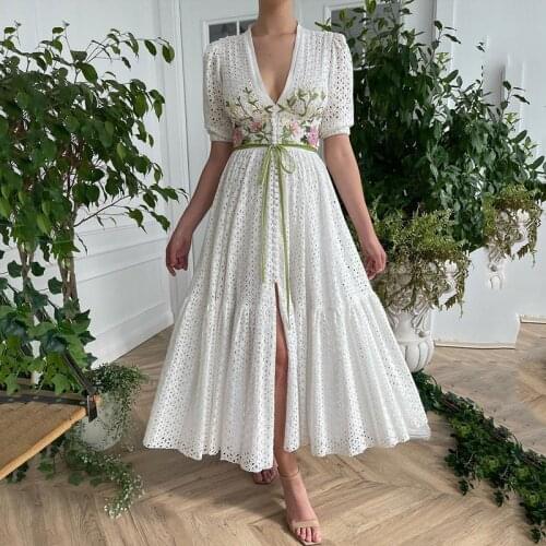 Vestido de Noiva Curto Modest Lace Wedding Dress Short Sleeve Split Front Boho Bridal Dresses V Neck Sash Women Prom Gowns 2021