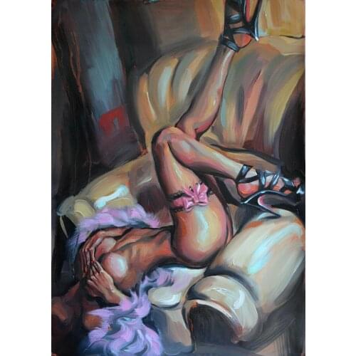 100% Handpainted ORIGINAL ART LARGE OIL PAINTING BY ELLECTRA RED NUDE EROTIC