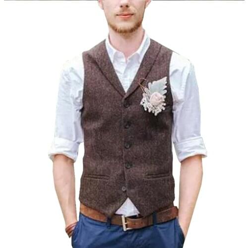 2020 Brown Groom Vests Tweed Wool Herringbone Groomsmen Vests British Style Mens Suit Waistcoat For Wedding
