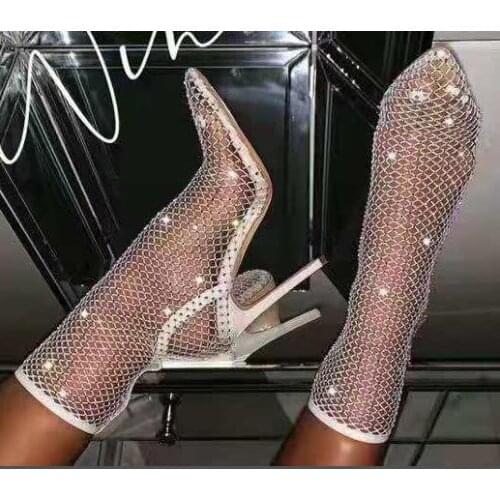 Luxury Black White Mesh Ankle Boots Pointed Toe See Through Bling Bling Crystal String Bead PVC Runway Boot Banquet Dress Shoes