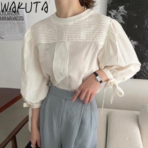 WAKUTA Bandage Lanterne Long Sleeve Elegant Solid Blouse 2021 Korean Style New Loose Chic Draped O Neck Tops Femme Office Lady