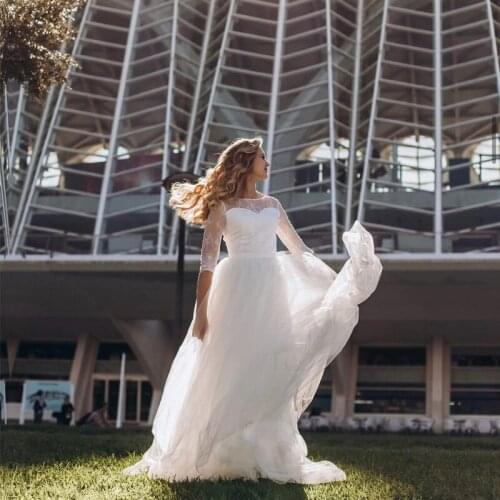 Half Sleeve Tulle O Neckline Wedding Gown Wedding Dresses With Lace Appliques Bridal Gowns 2021 Vestido de Noiva