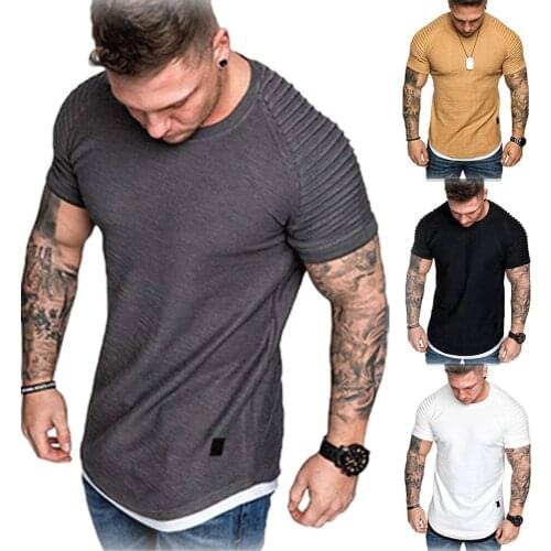 New Mens T-Shirts Pleated Wrinkled Slim Fit O Neck Short Sleeve Muscle Solid Casual Tops Shirts Summer Basic Tee