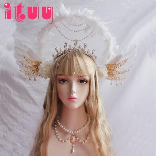 Lolita KC White Rose Angel Wings Halo Crown Headpiece Virgin Mary Sun Goddess White Feathers Gold Halo Bead Chain Crown Headwear