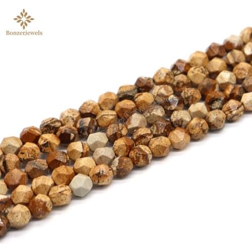 Faceted Natural Diamonds Picture Jaspers Star Cut Polygon Beads For Jewelry Making Round Loose DIY Stone Bead Bracelet Necklace