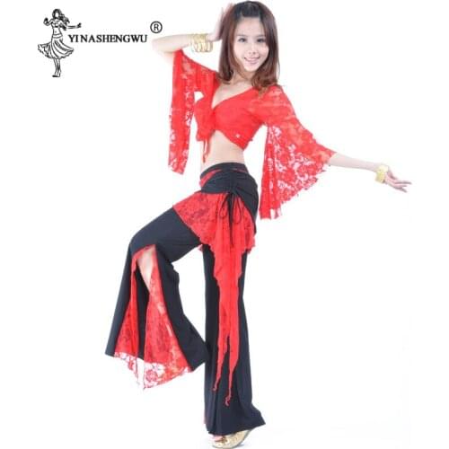 Women Belly Dance Costume Set Practice Clothes Adult Lace Butterfly Sleeve Dancing Suit Top+Pants Dancewear