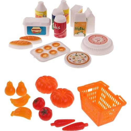 1/6 Dollhouse Miniature Shopping Basket Fruits Vegetables And Tableware Set Kids Pretend Play Toys