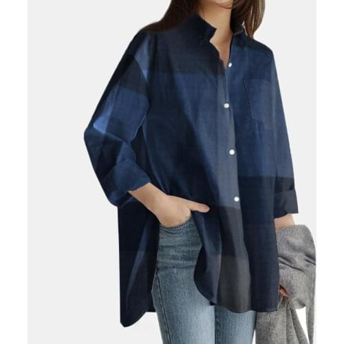 Fashion Women Shirt Blouse Loose Plaid Turn Down Collar Long Sleeve Office Lady Buttons Blouses Top for Female