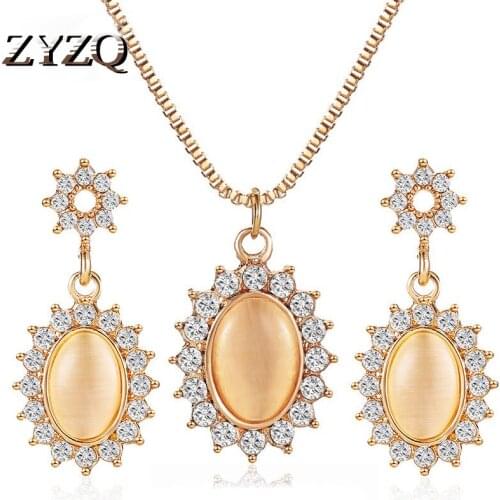 ZYZQ Artificial Opal Sun Flower Earrings French Micro-set Oval Cubic Zirconia Necklace Retro Ladies Jewelry Set