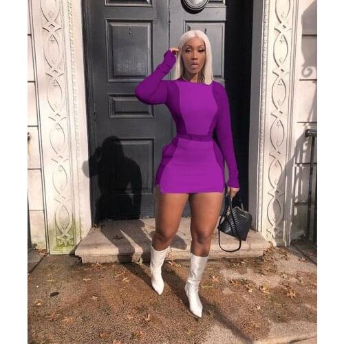 Echoine Autumn Long Sleeve Tops Patchwork Mini Skirt Set Purple Two Piece Set Sexy Skinny Women Tracksuit White Club Outfits