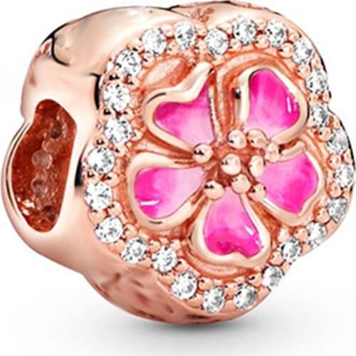 Fit Original Pandora Pink Peach Flower Charms Bracelet Women Cute Cherry Blossoms Beads for Jewelry Making DIY Bangles Accessory