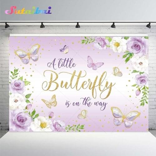 A Little Butterfly Is on The Way Purple Backdrop Girl 1st Birthday Baby Shower Princess Party Flowers Watercolor Background