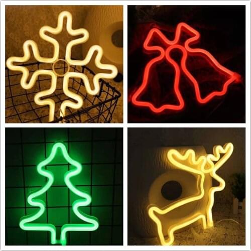 Christmas Neon Night Light Hanging Tree Decoration Lights Bells Elk Snowflake Sign Light Gift for Children USB Battery powered